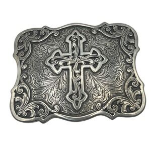 SILVER CROSS Filigree vintage metal belt buckle iconic faith religious